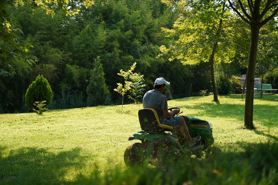 A person wearing a blue waterproof jacket with the hood up, standing on a neatly maintained lawn in a garden, engaged in hedge trimming with orange-handled shears. The individual is positioned near a 